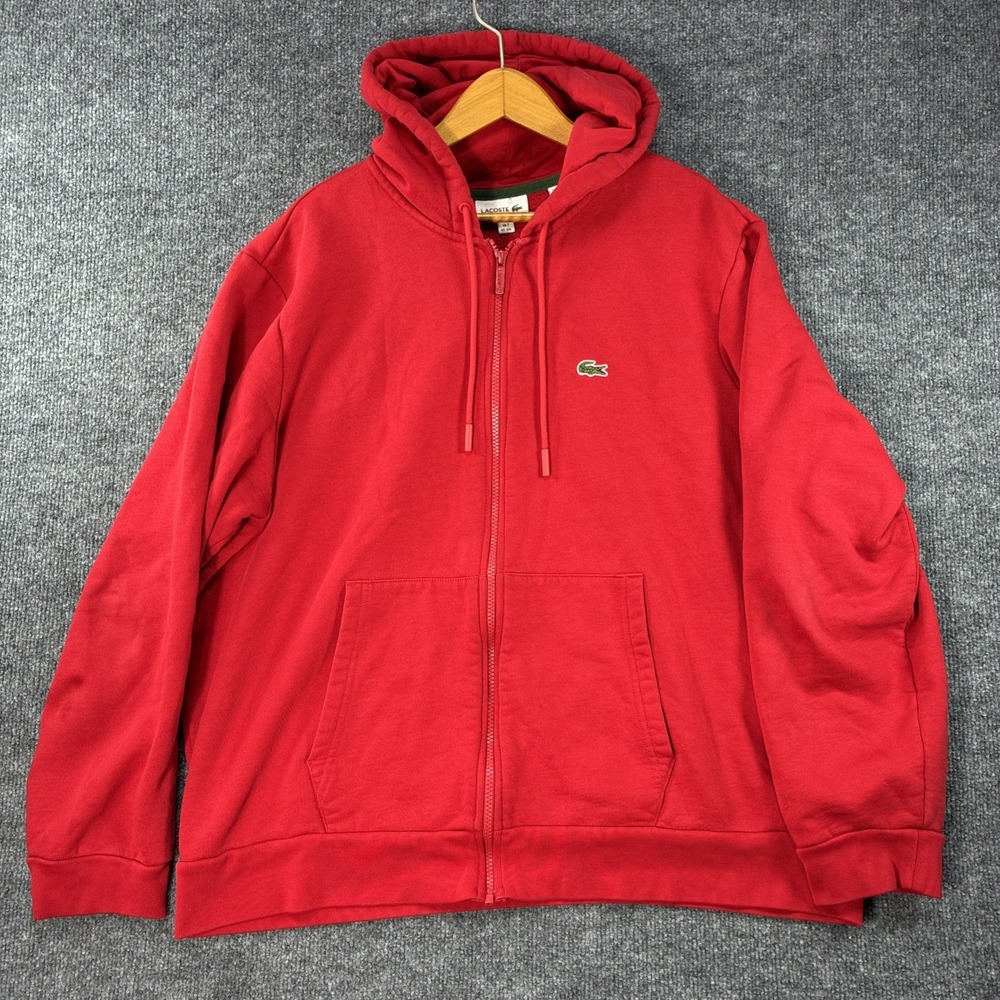 Lacoste Full Zip Hoodie Mens 2XL Red Jacket Heavy Fleece Zip Pockets